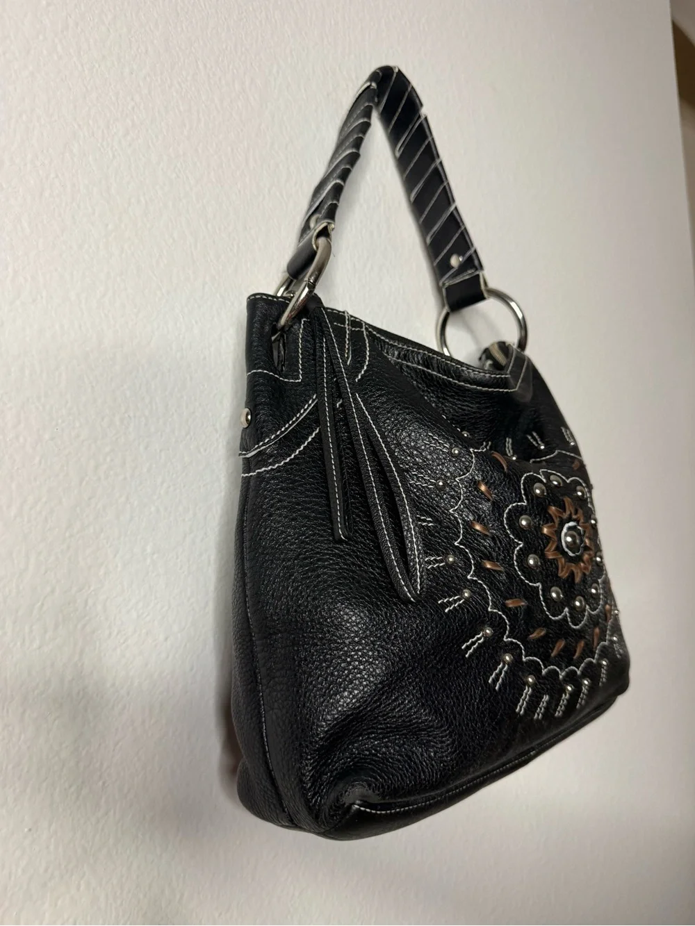 Franco Sarto Black Leather Studded Floral Hobo Shoulder Bag
